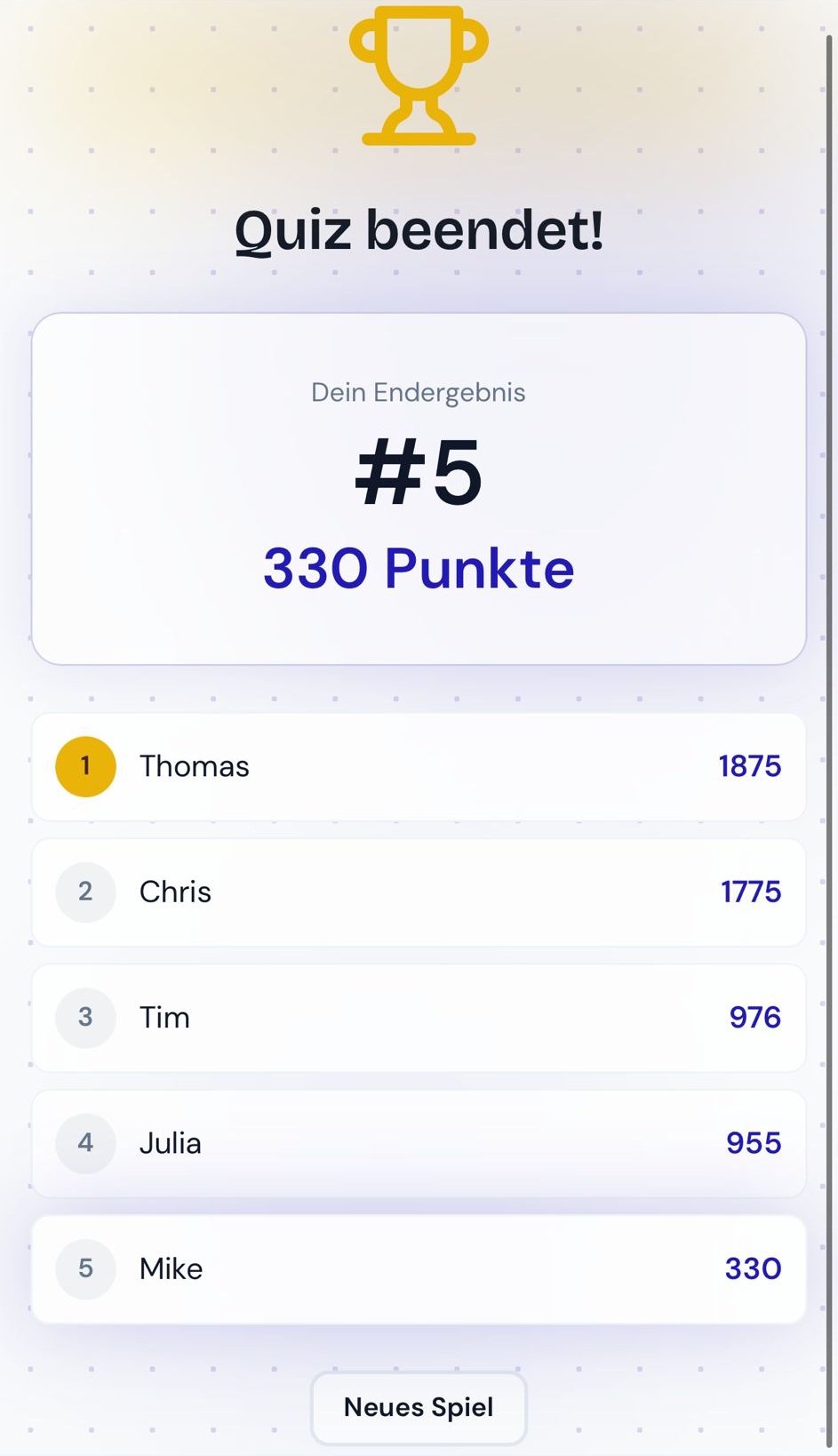 Mobile Karteikarten-Ergebnis mit Rangliste und Punktestand