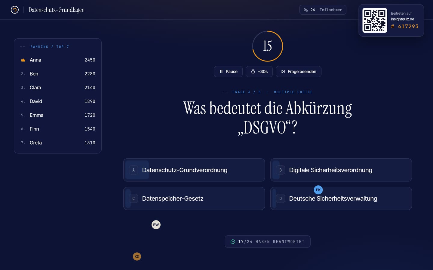 Live-Quiz in InsightQuiz: laufende Frage mit Countdown und Echtzeit-Rangliste